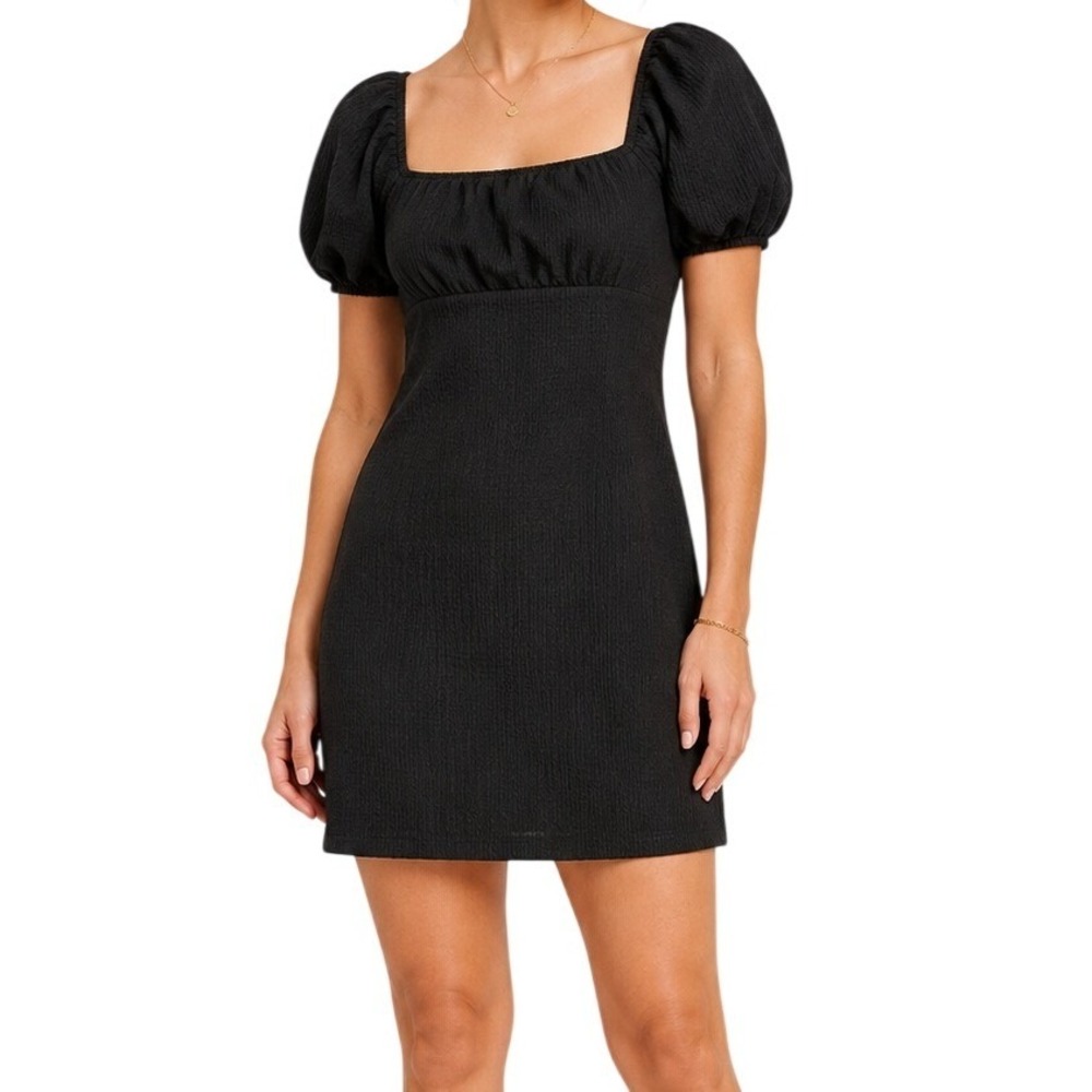 Vero Moda Black Textured Puff Sleeve Square Neck Mini Dress Women's XS